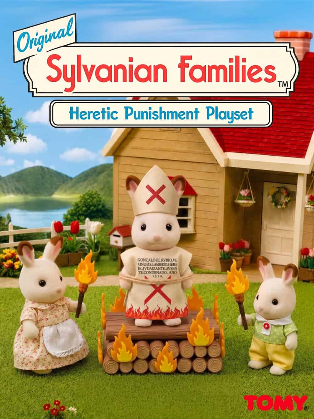 Sylvanian Families Heretic Punishment Playset with three bunny figures and a house.