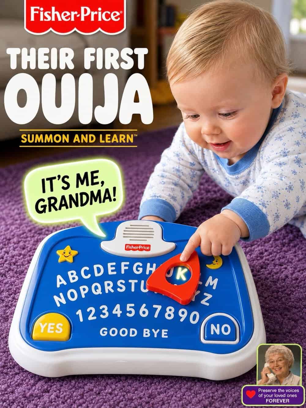 Baby playing with Fisher-Price Ouija board toy, saying It's me, Grandma!.