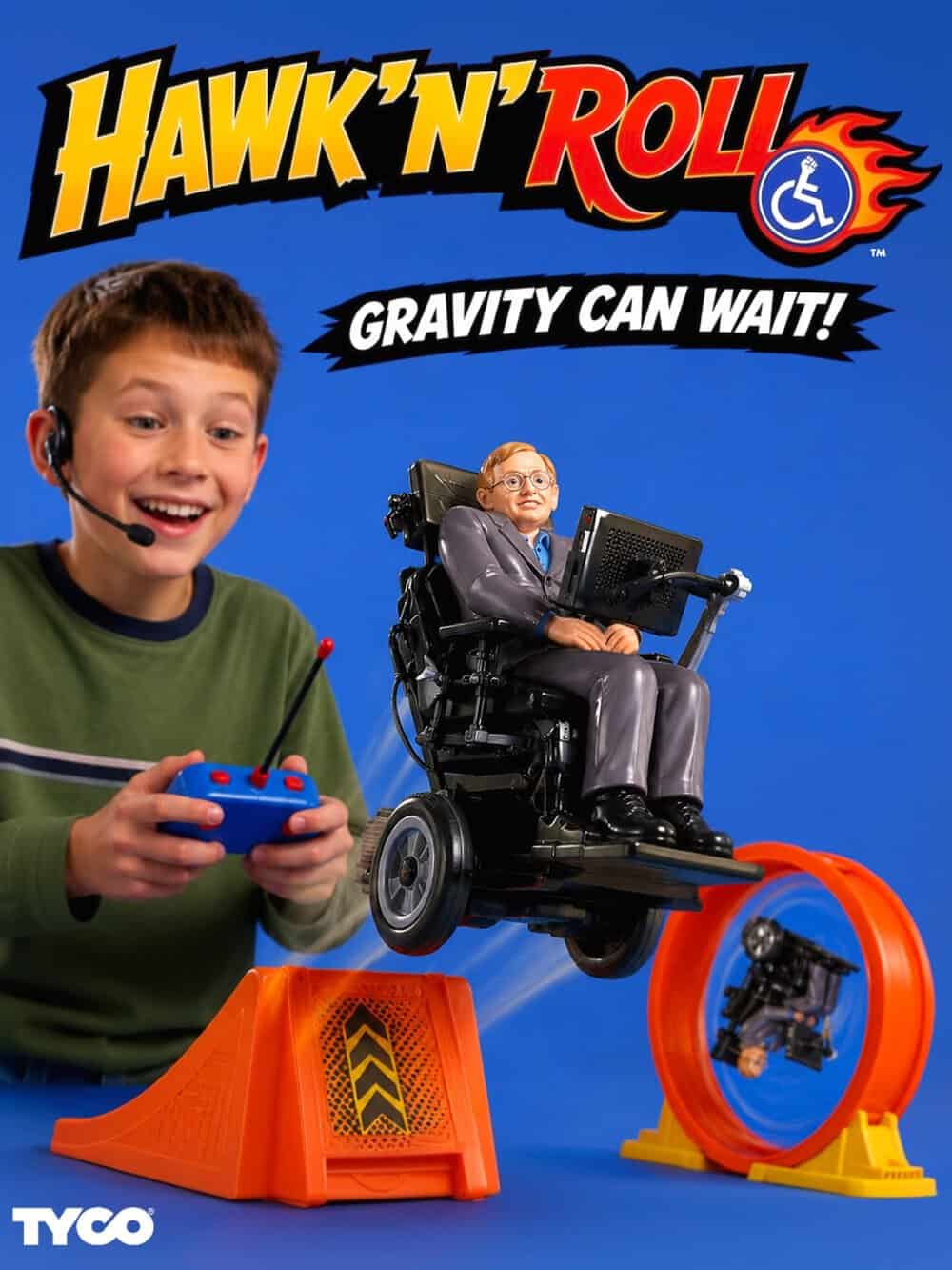 Hawk'n'Roll toy with wheelchair user and boy playing with remote control.