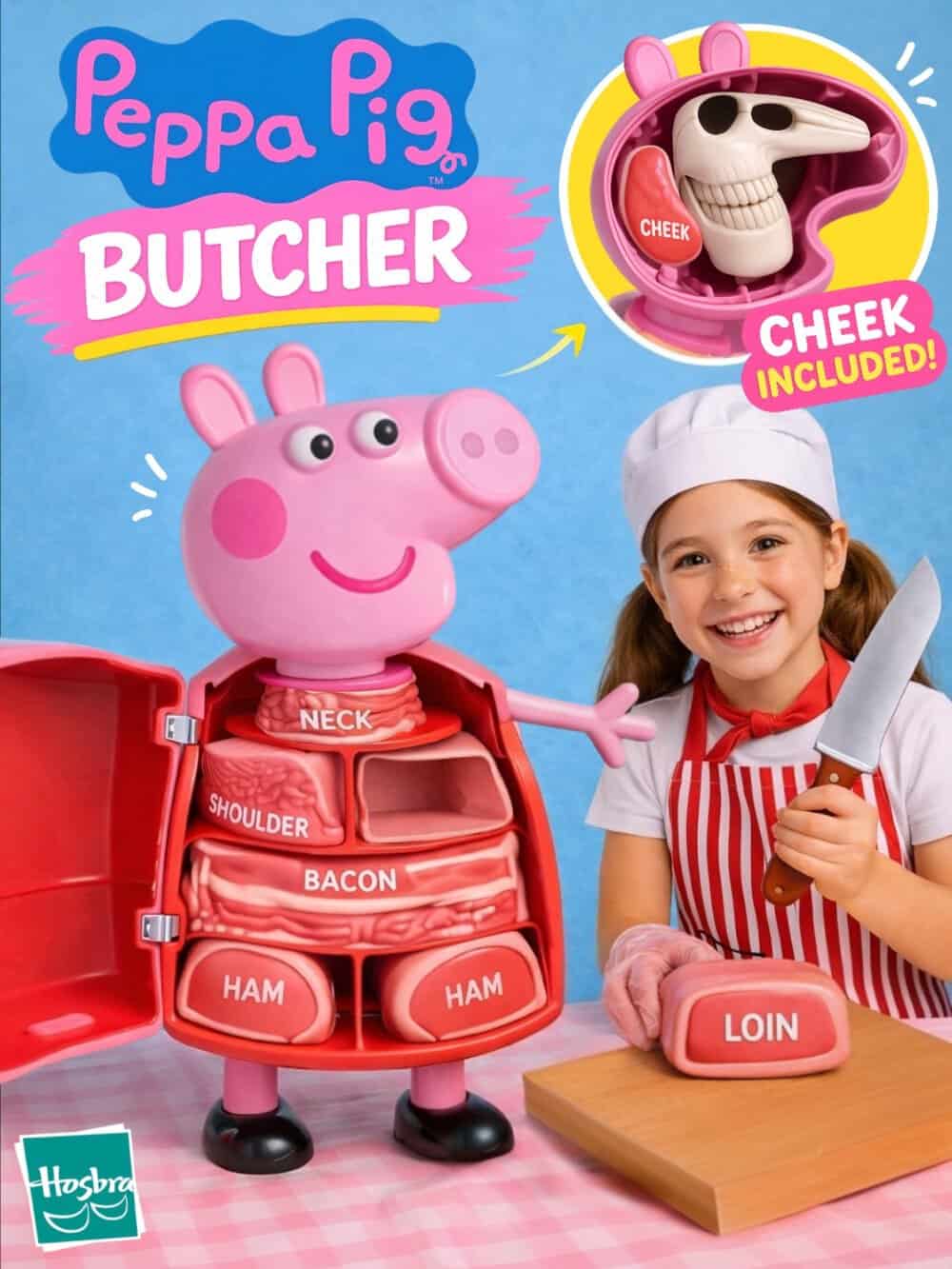 Peppa Pig Butcher toy with a girl in a chef outfit and a skeleton in a case.