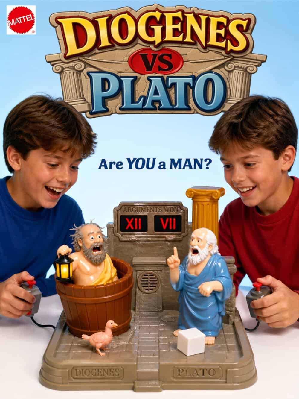 Diogenes vs Plato board game with two boys playing and toy figures of Diogenes and Plato.
