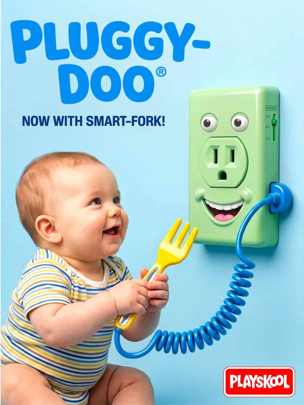 Pluggydoo toy with a smiling face, connected to a power outlet, with a baby playing with a yellow sp.
