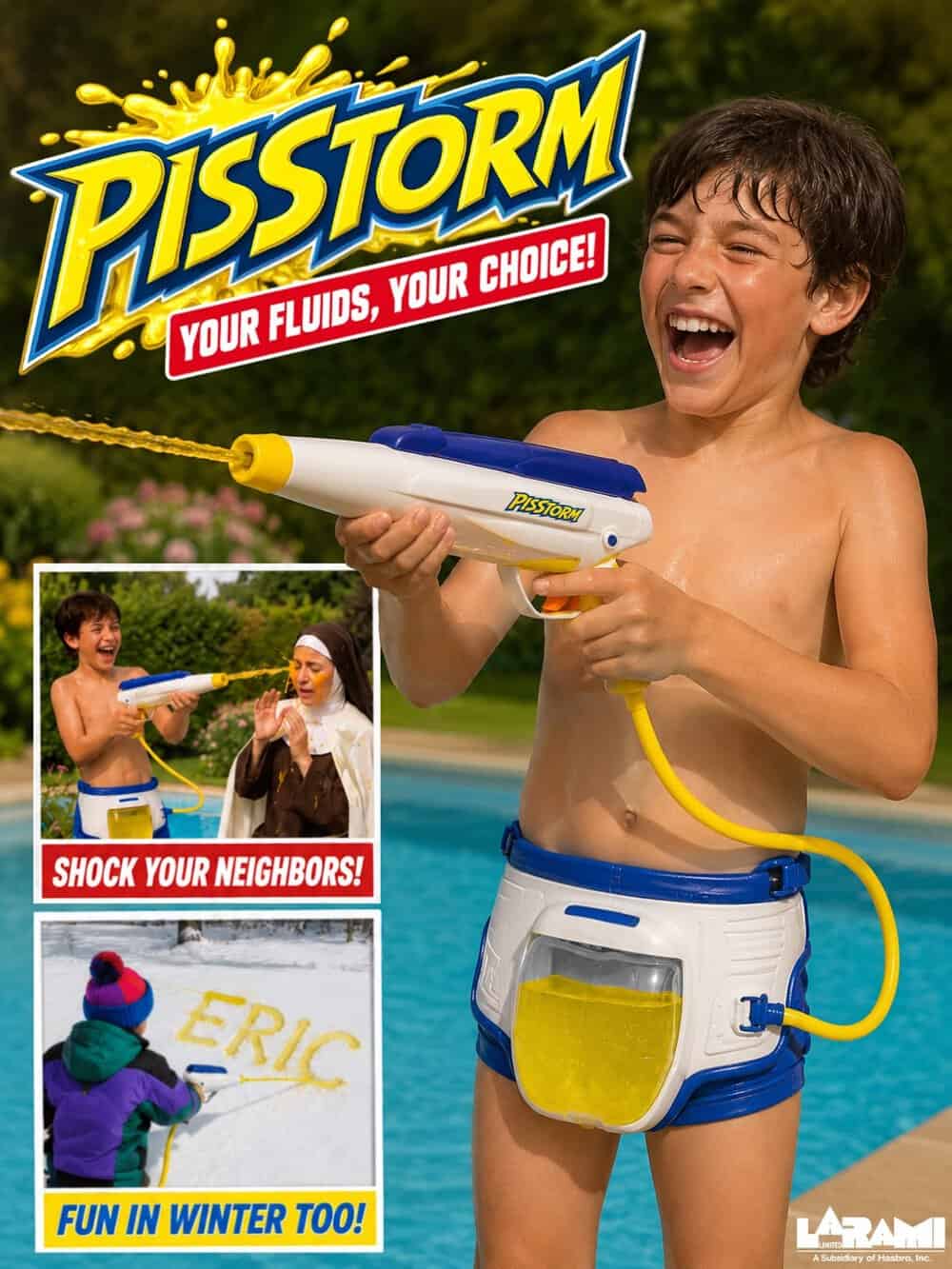 Child playing with a water blaster toy in a pool, smiling.