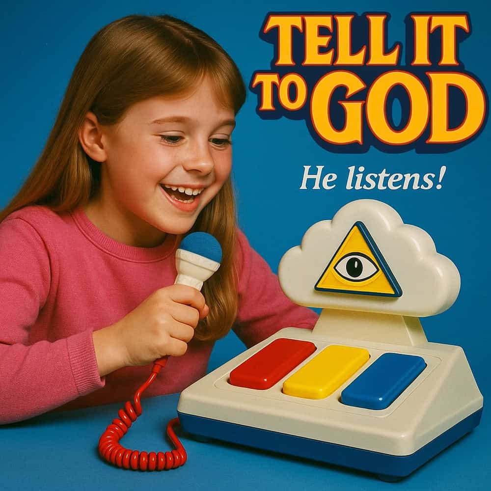 Young girl with microphone playing with 'Tell It To God' toy phone with eye symbol.