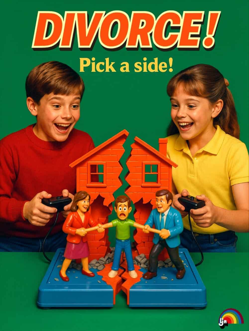 Children playing a game called 'Divorce! Pick a side!' with toy figures and a broken house.