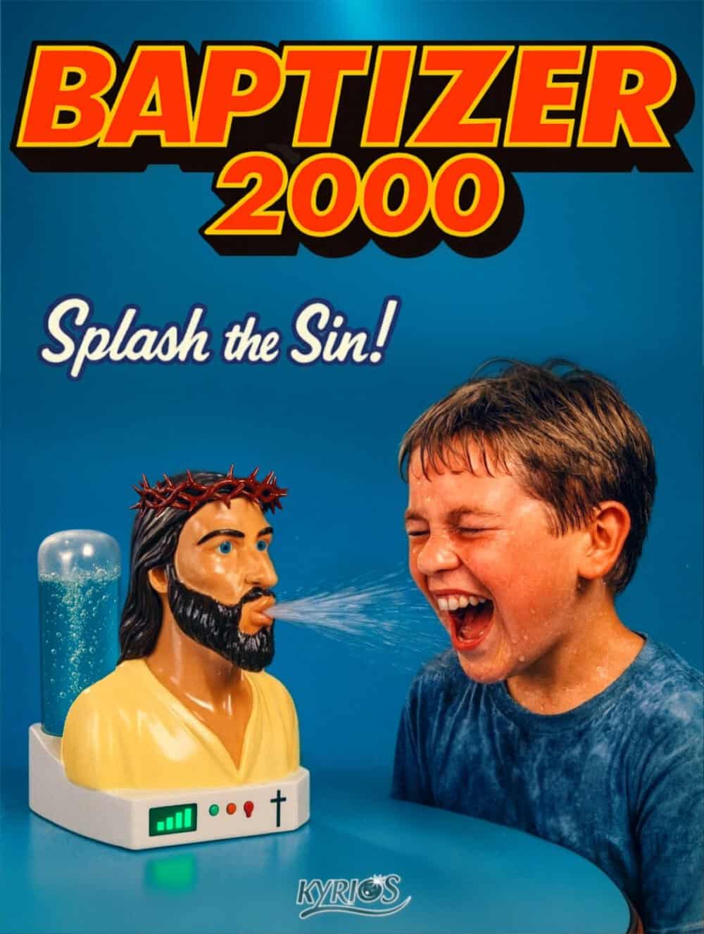 Baptizer 2000 toy with boy spraying water at Jesus figure, 'Splash the Sin!' text.