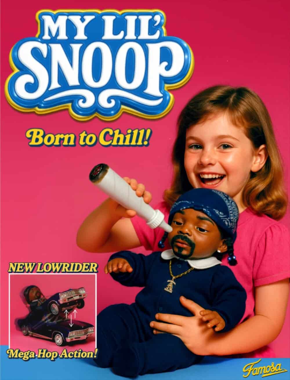 My Lil Snoop doll with girl holding it, pink background, 'Born to Chill!' text.