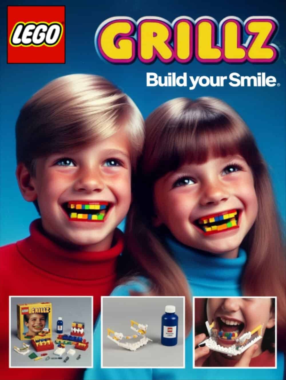 Two children with LEGO Grizzz mouthpieces smiling, with the text 'Build your Smile'.