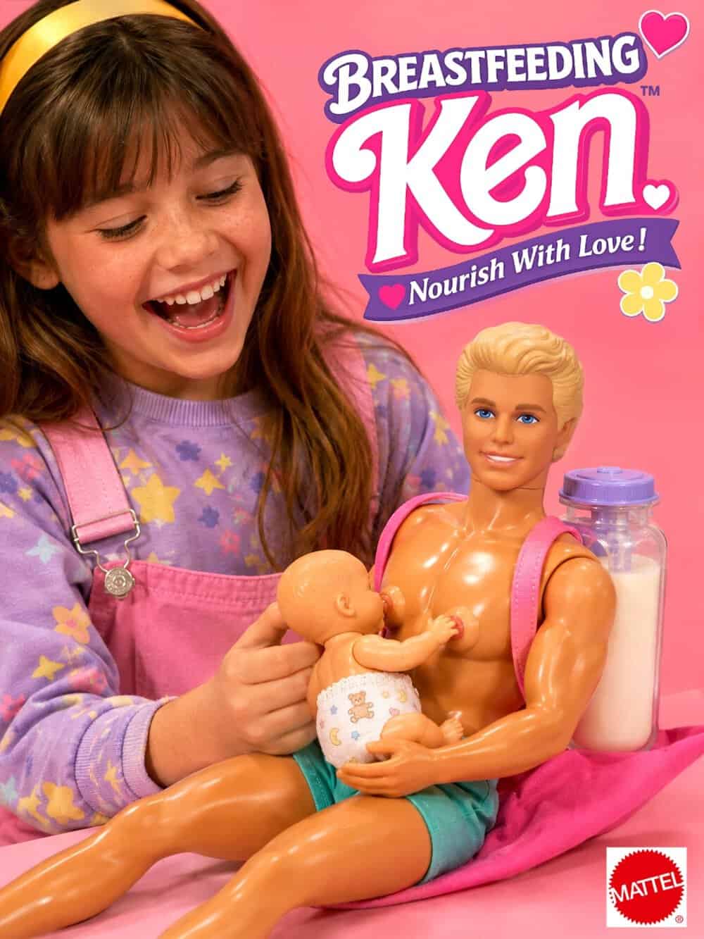 Girl playing with Breastfeeding Ken doll and baby doll in pink setting.