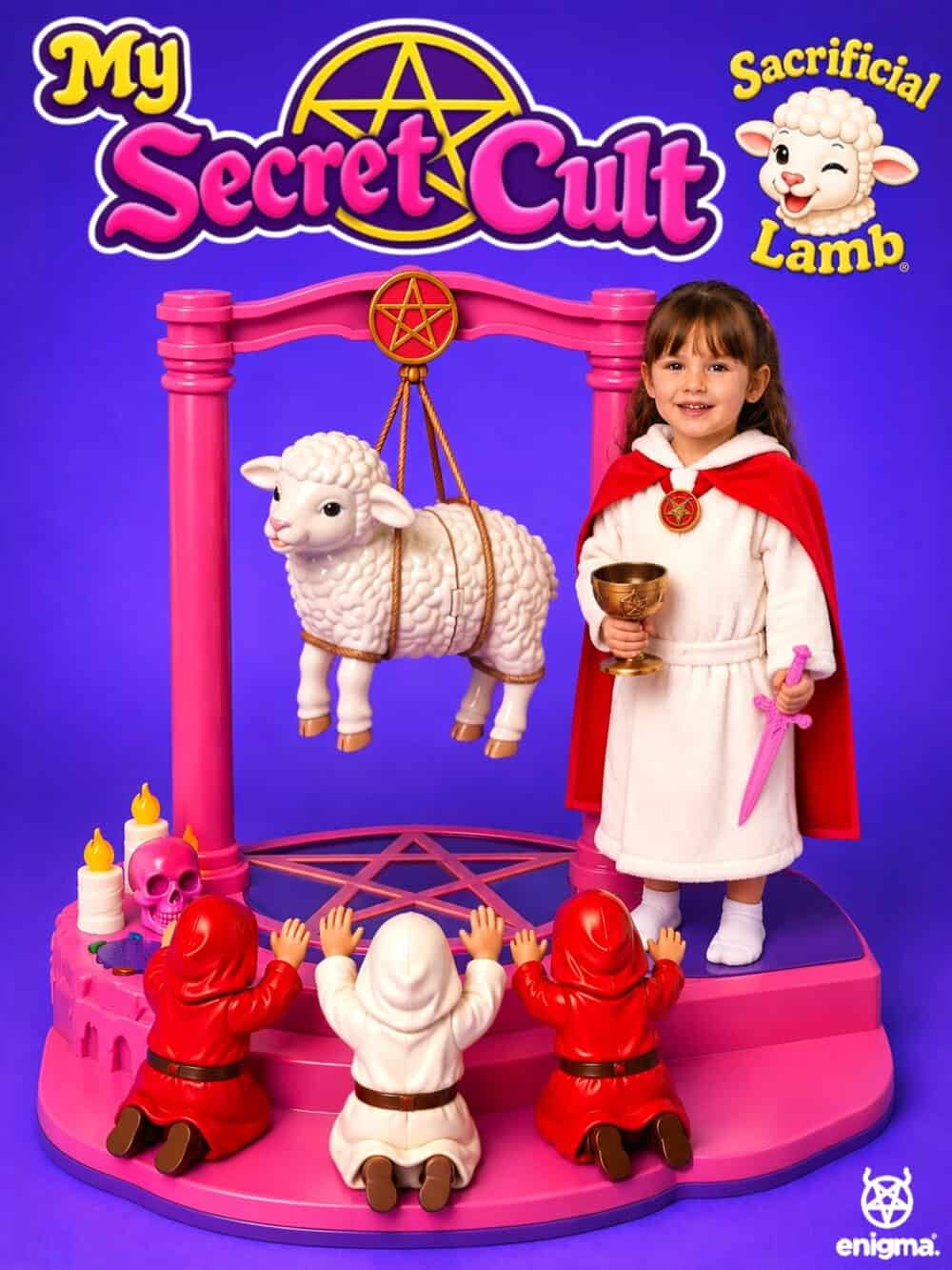 My Secret Cult Sacrificial Lamb toy with girl in white dress and red cape.