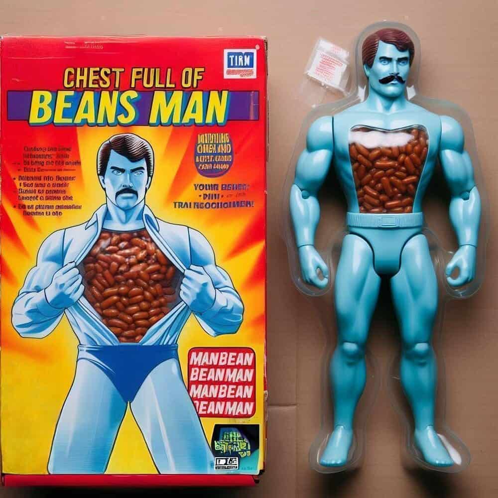 Chest full of beans man toy with box, blue muscular figure with beans in chest, mustache, and open-c.