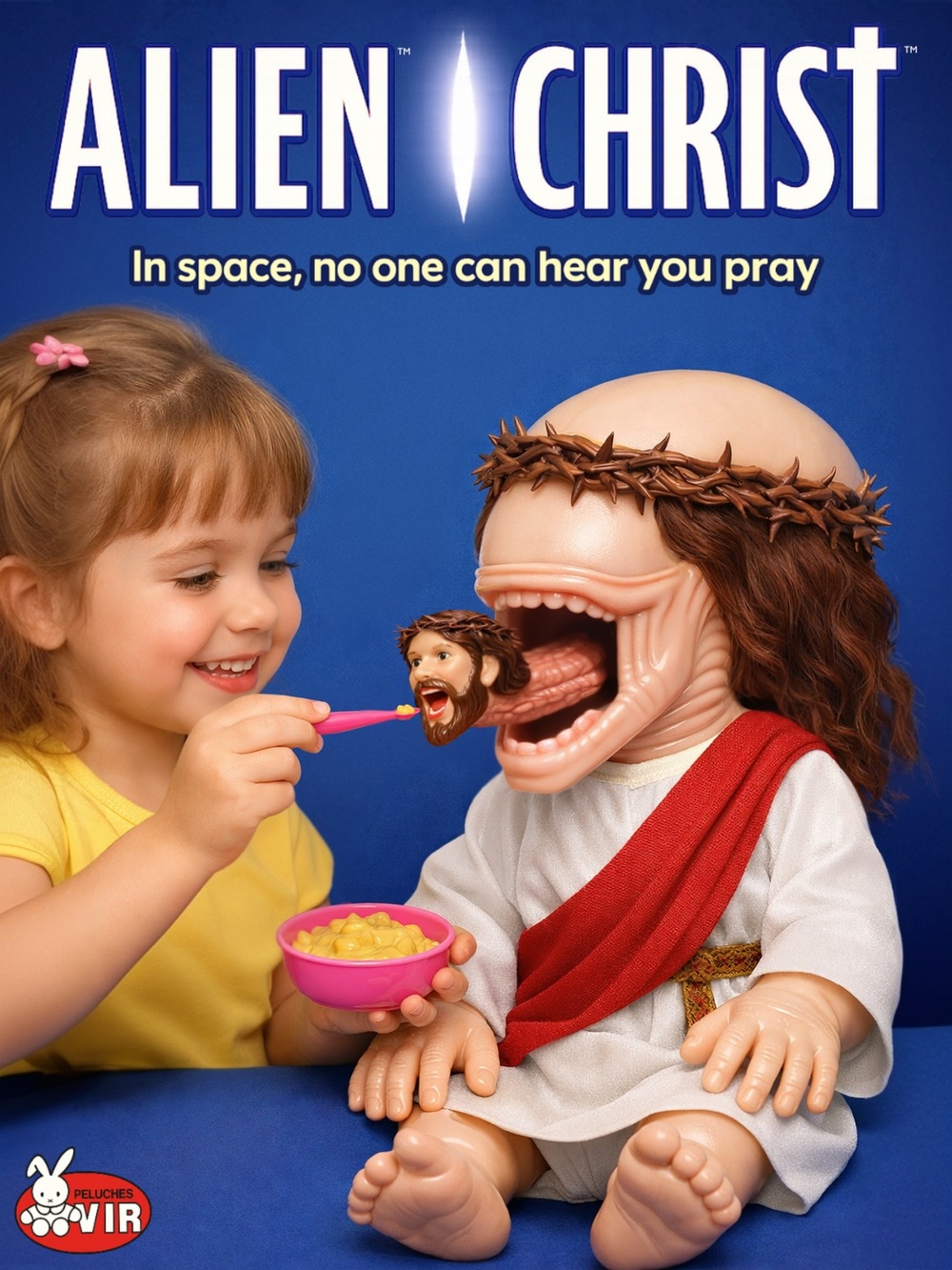 Child feeding a toy Jesus figure with a pink spoon, with a girl smiling.
