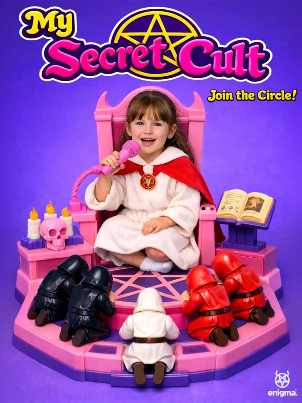 Young girl in a white dress with a red cape, sitting on a pink throne, surrounded by toy Darth Vader.