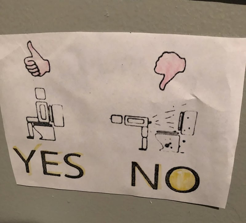 Sign with 'YES' and 'NO' options, thumbs up, spray bottle, and toilet paper.