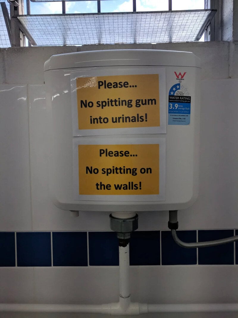 Sign on water tank: No spitting gum into urinals and on walls.