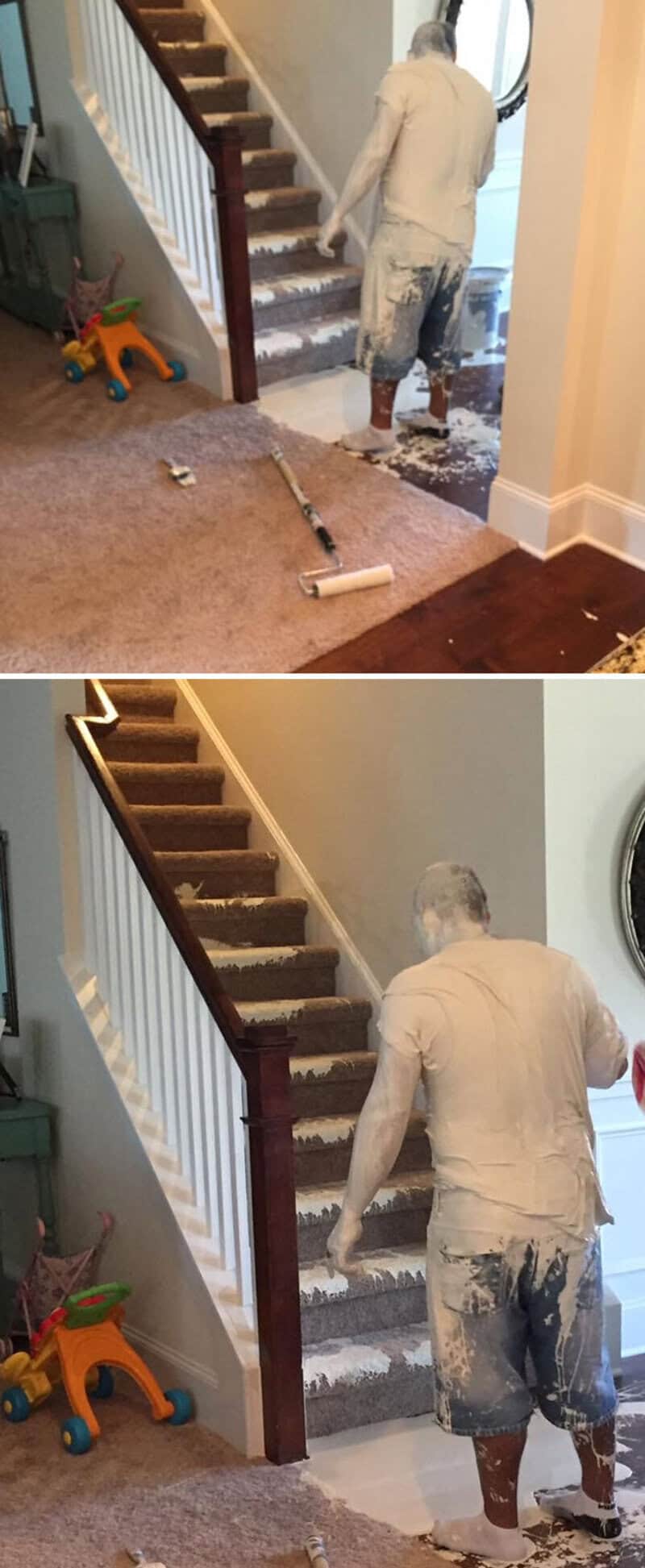 Person painting stairs with roller, floor covered in painter's tape and plastic.
