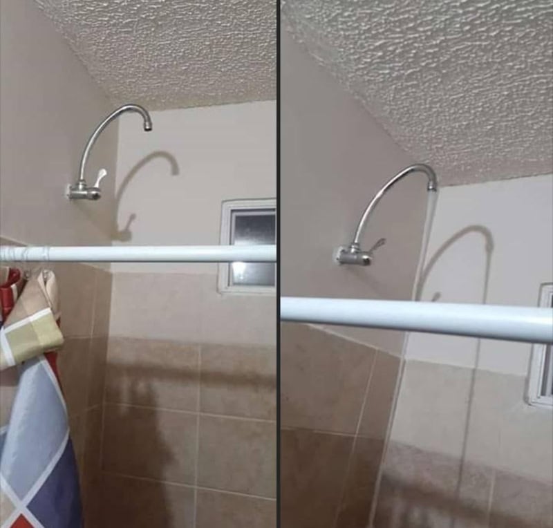 Faucet installed on the ceiling with a shower curtain rod below it.