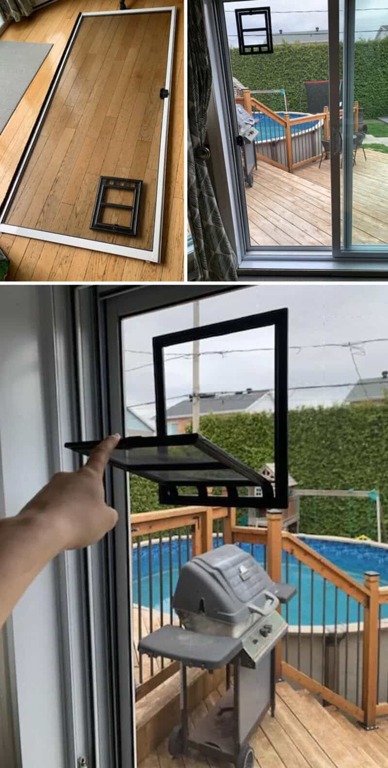 A broken window screen with a small black frame on the wooden floor.