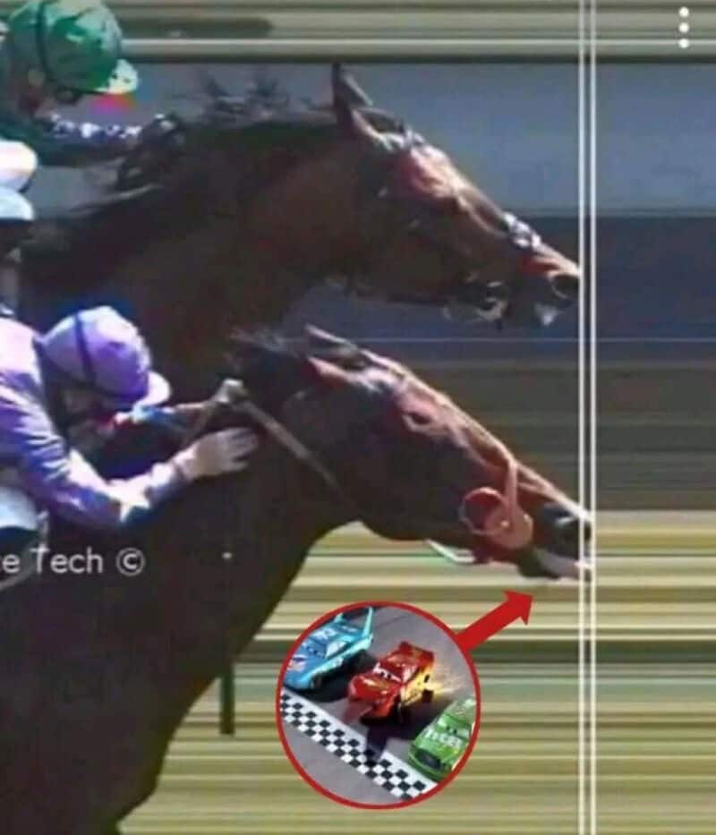 Two horses race with jockeys, and a small inset shows toy cars on a track.