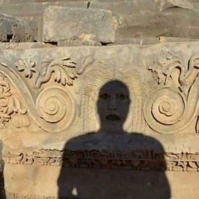 Shadow of a person with a surprised face on a carved stone wall.