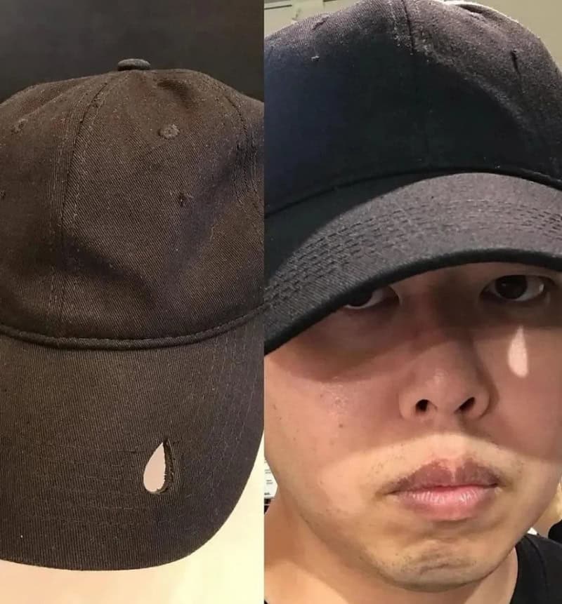 Split image of a black baseball cap with a tear and a person wearing a similar cap.