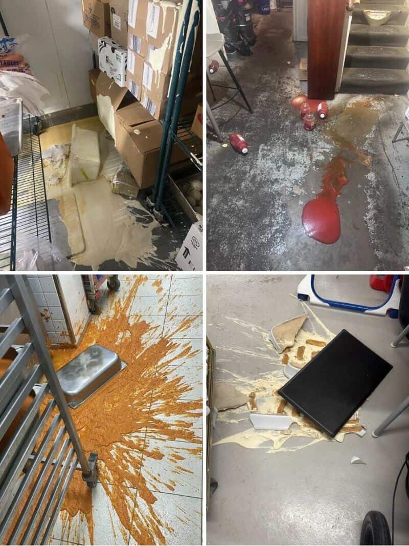 Collection of kitchen fails with spills and messes in storage and prep areas.
