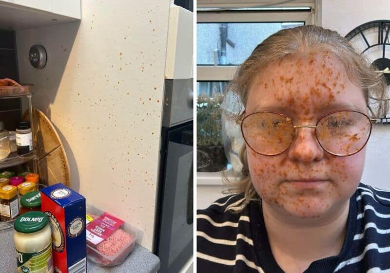 Kitchen counter with food and a person with a face covered in food.
