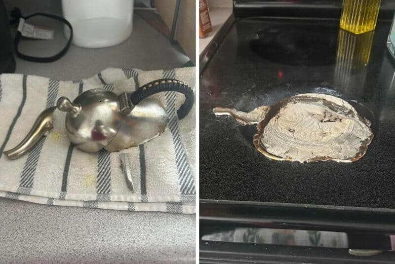 Hilariously bad kitchen fail with a burnt pan and a strange object on a towel.
