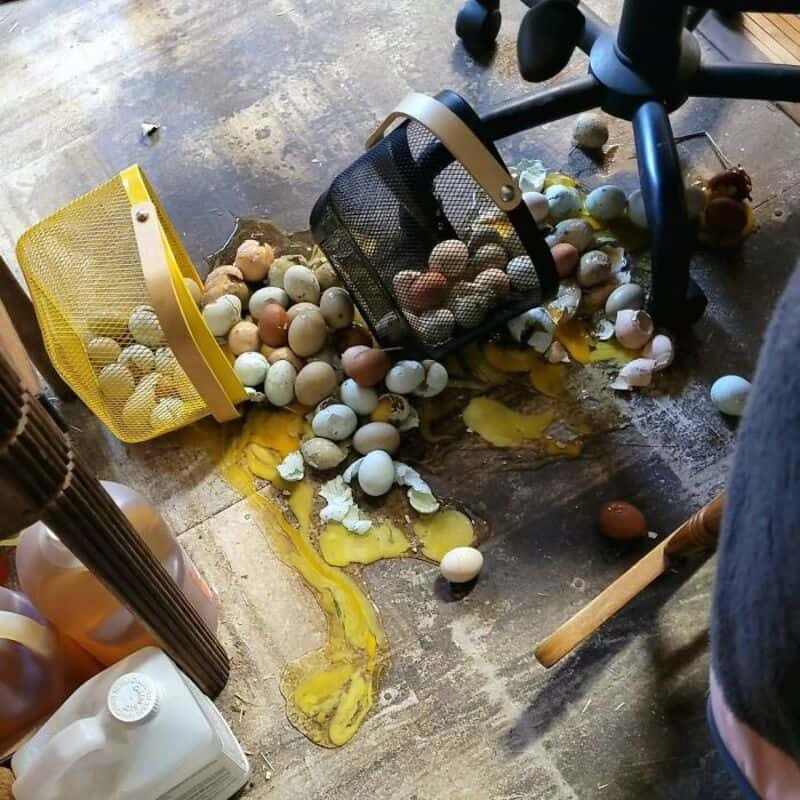 Eggs spilled on the floor with broken shells and yolk, scattered around two baskets.