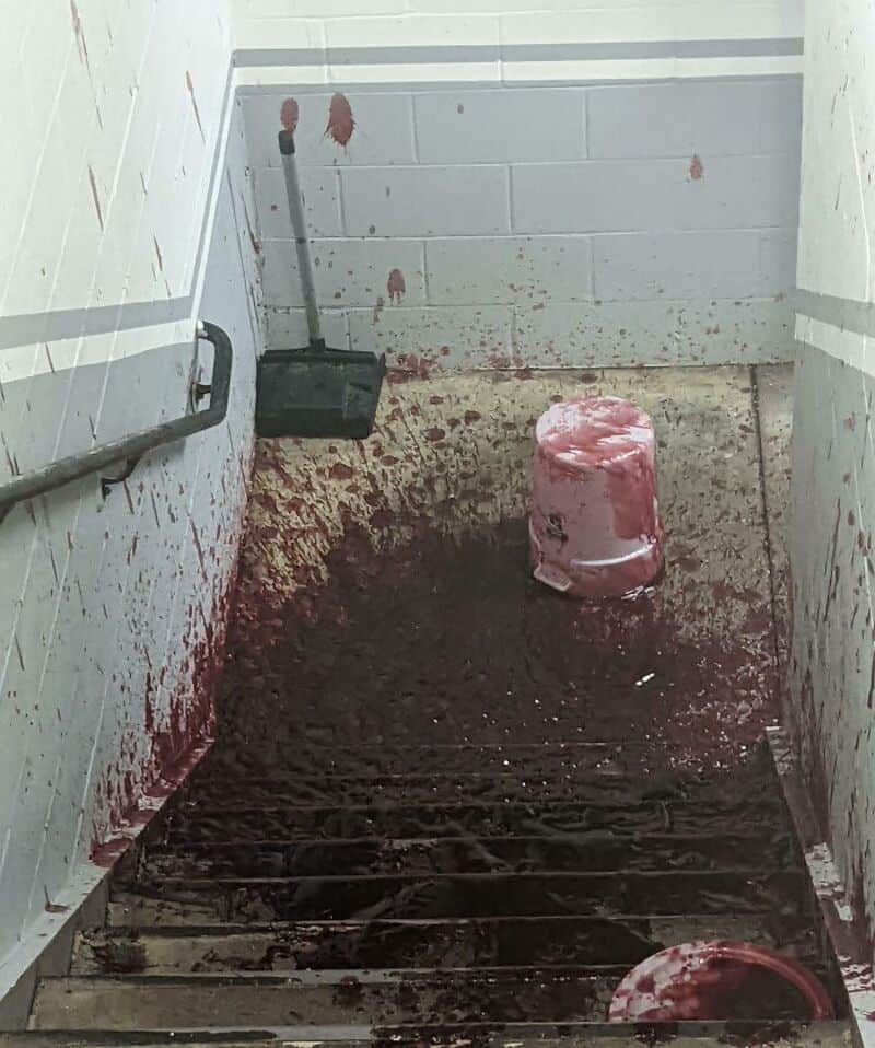 Blood and dirt splattered on stairs and walls, with a mop and bucket at the top.