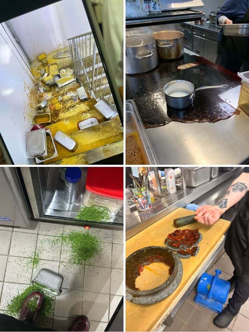 A collage of four kitchen fails: messy fridge, spilled sauce on stove, green herbs on floor, and a t.