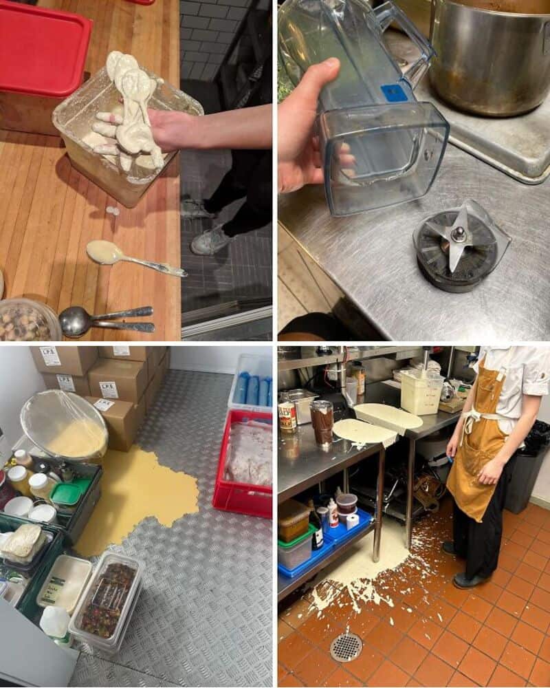 Collection of kitchen fails including spilled flour, broken blender, and messy floor.