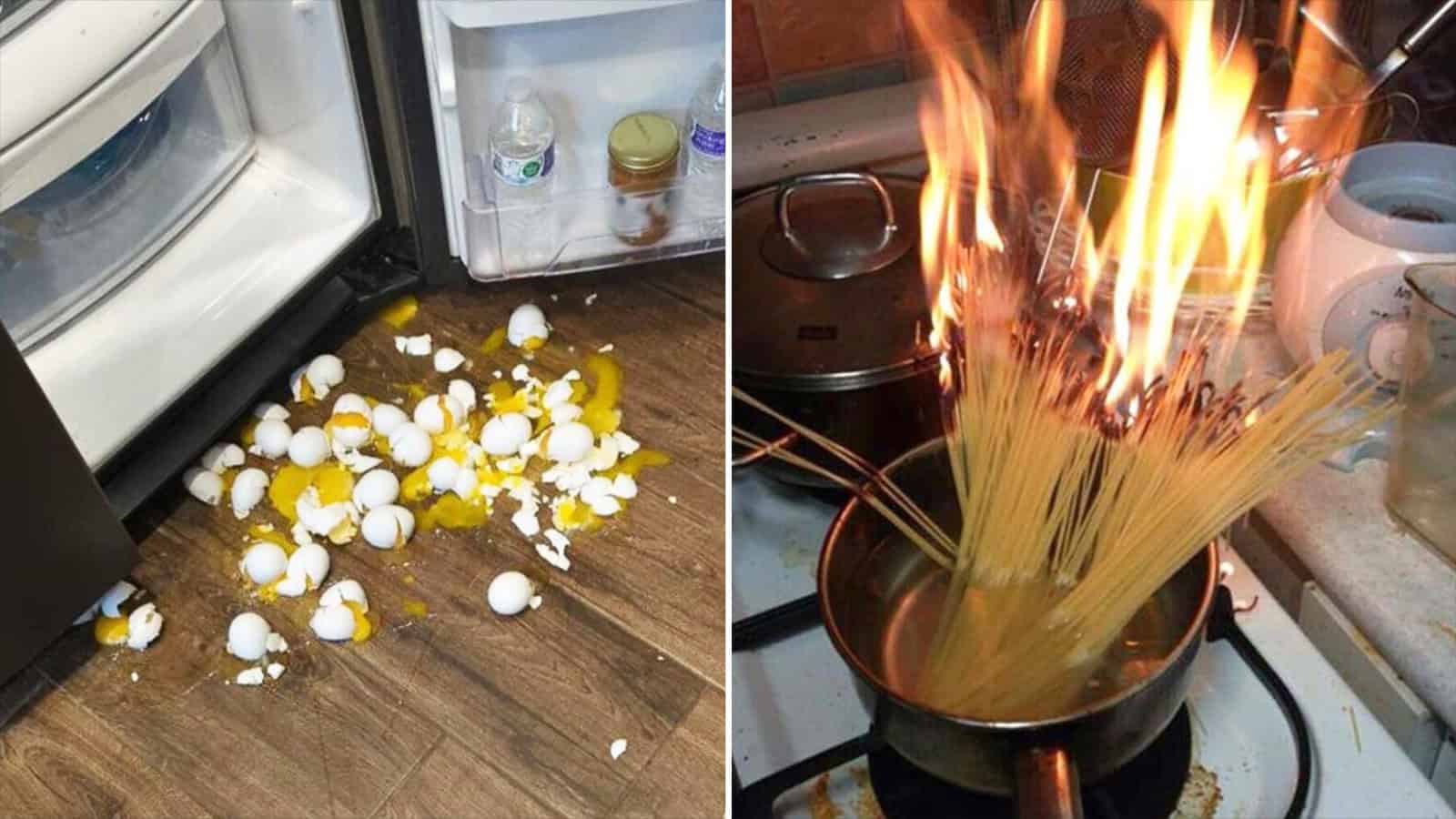 Broken eggs and spilled yolk on kitchen floor, fridge open in background.