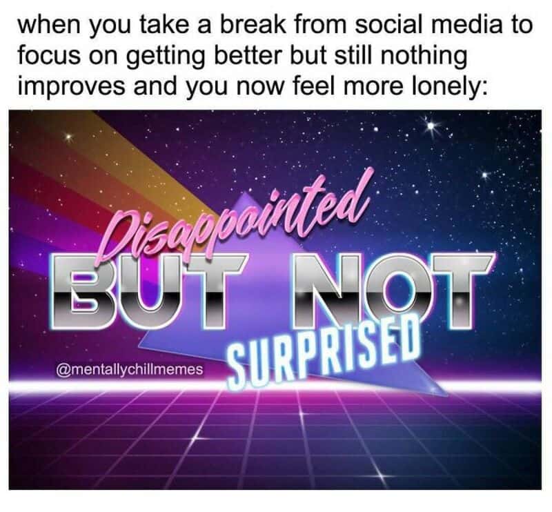 Disappointed but not surprised meme with retro neon style text and starry background.