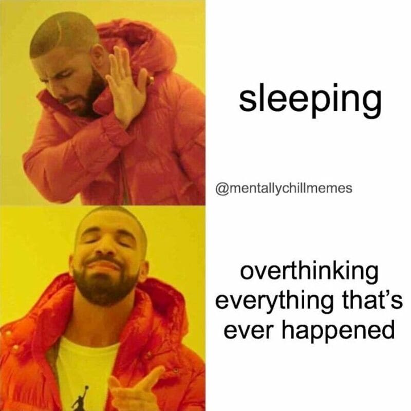 Sleeping and overthinking meme with Drake in red jacket.