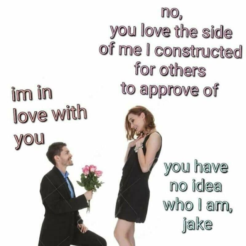 Man proposes with flowers to woman, text overlay about love and identity.