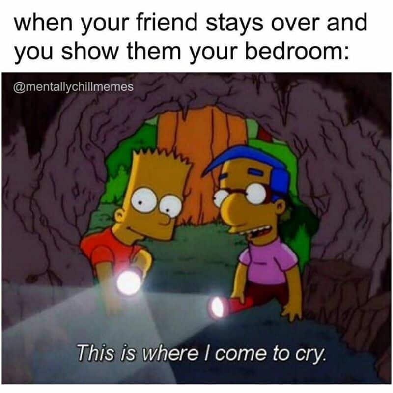 Bart and Milhouse with flashlights in a cave, captioned 'This is where I come to cry.'.