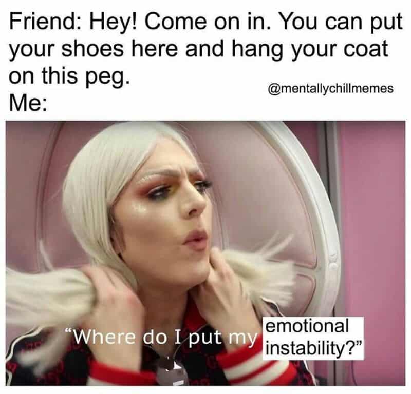 A woman with platinum blonde hair looks distressed, with text about emotional instability.