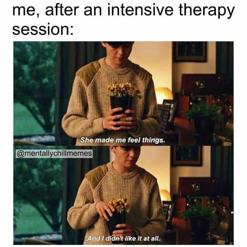 Person holding a potted plant with text about therapy sessions.