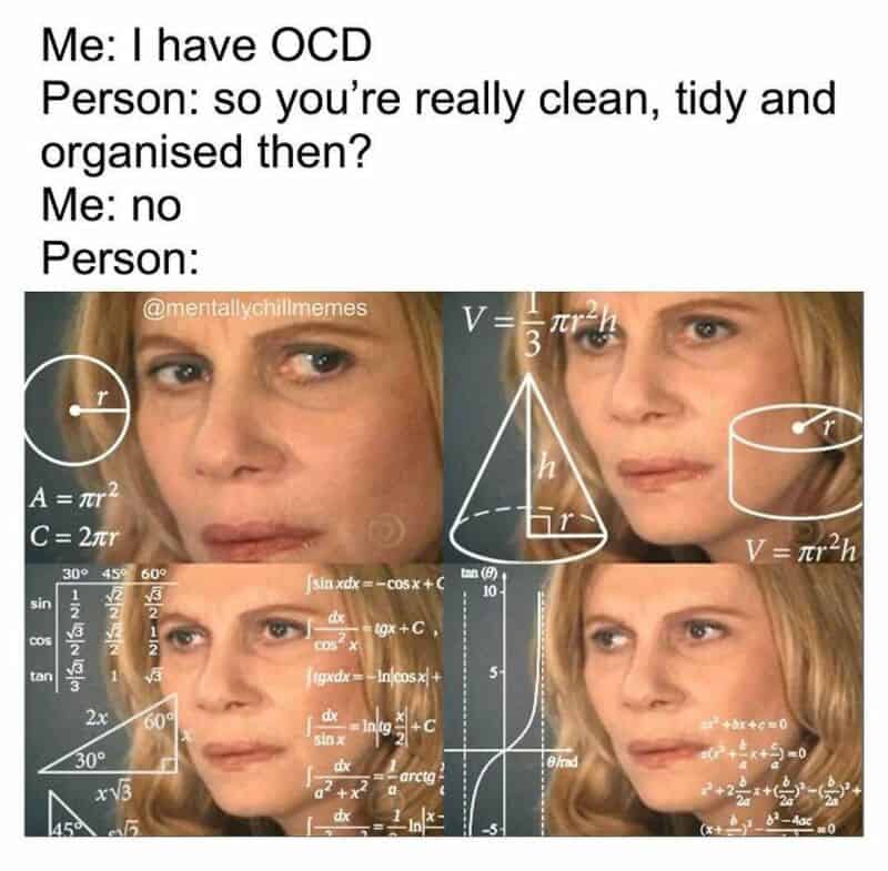 Woman confused with mathematical equations and diagrams around her face.