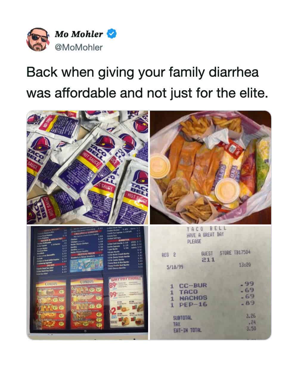Memes about affordable diarrhea remedies with Taco Bell and Taco Bell receipts.