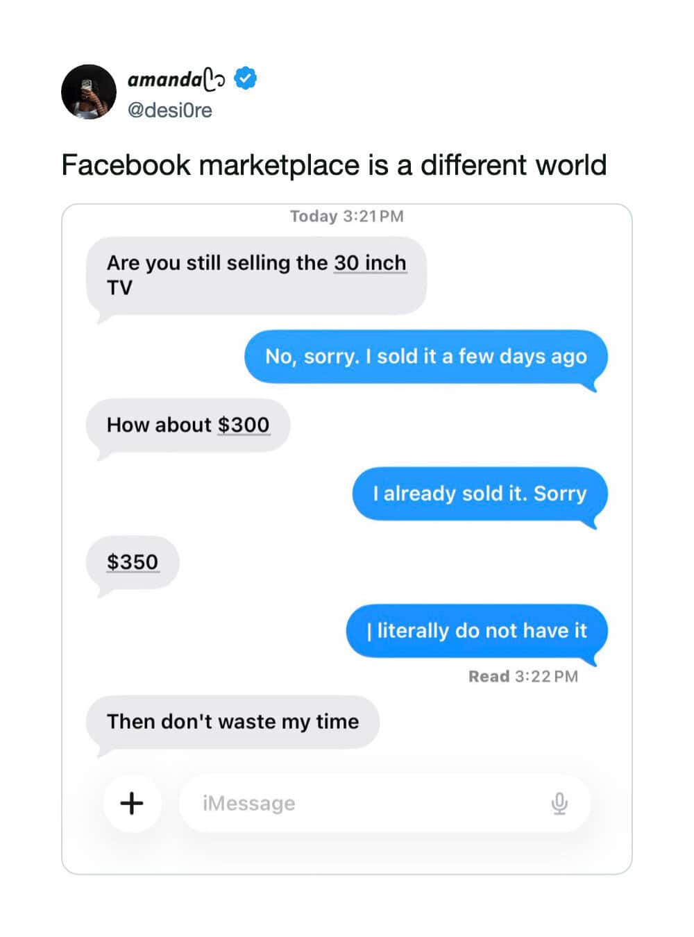 Screenshot of a chat about selling a 30 inch TV for $350.