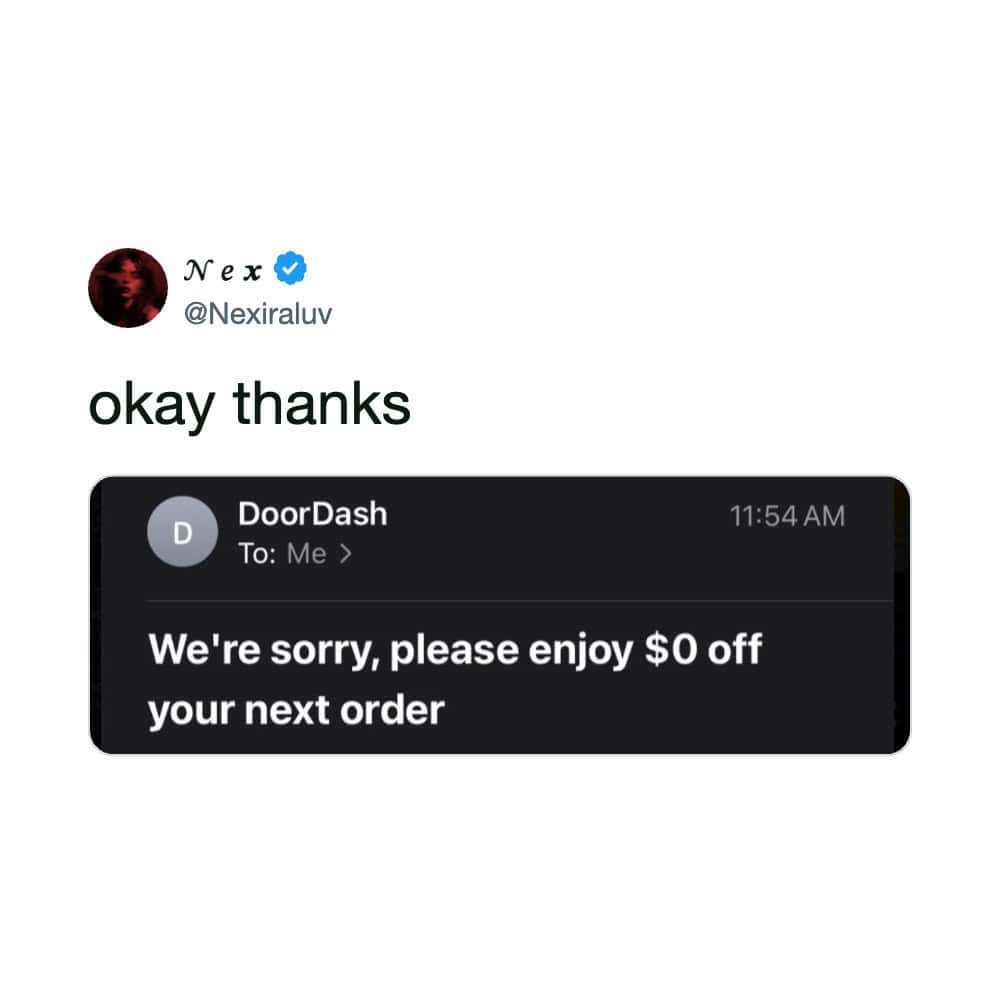 Nexi responds to DoorDash message offering $0 off, saying okay thanks.