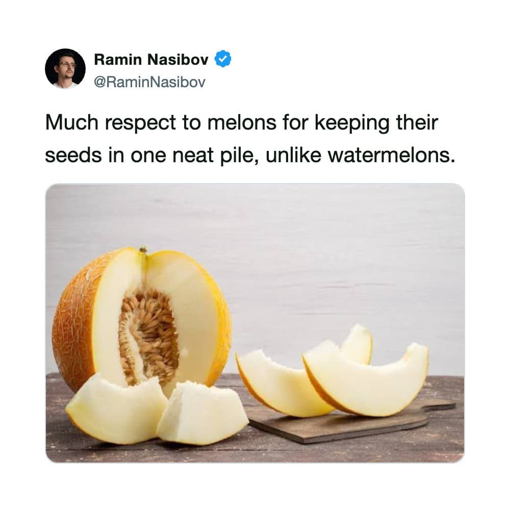 Melon with seeds in a neat pile, some slices cut and arranged on a wooden surface.