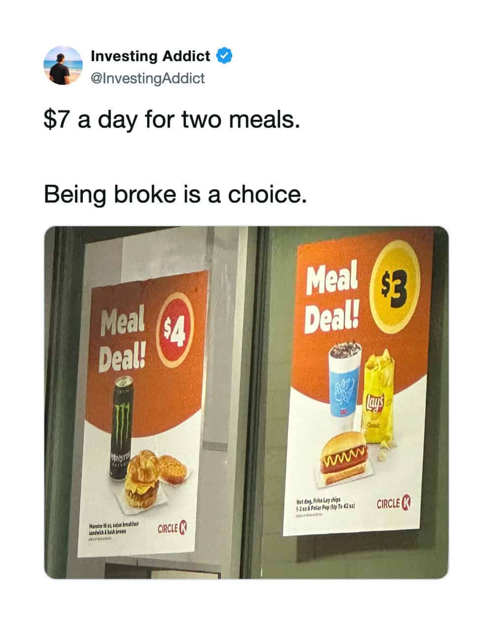Meal deal signs showing $4 and $3 options with food and drink images.