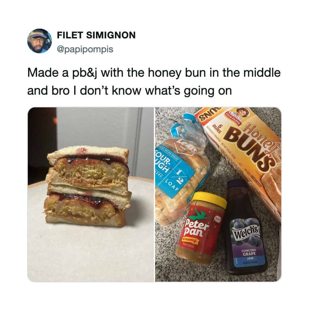 PB&J sandwich with honey bun in the middle, next to bread, peanut butter, grape jam, and honey bun.