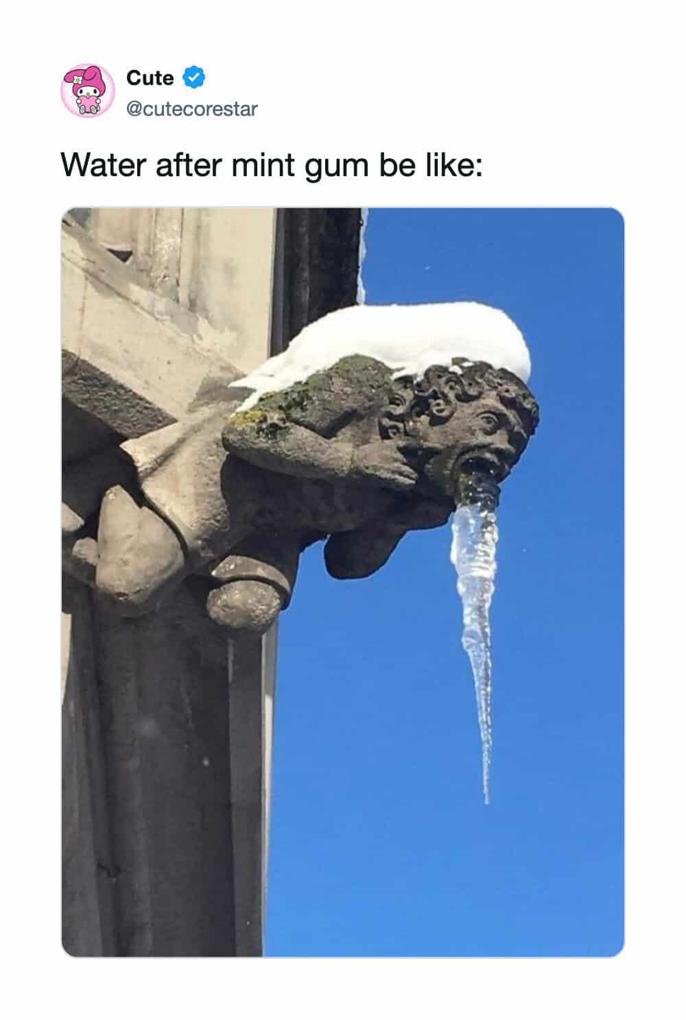 Fountain with ice and snow, water dripping like a melting mint gum.