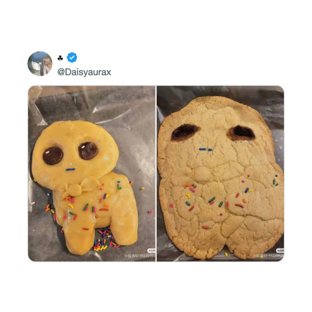Cookies shaped like a cute character with chocolate eyes and colorful sprinkles.
