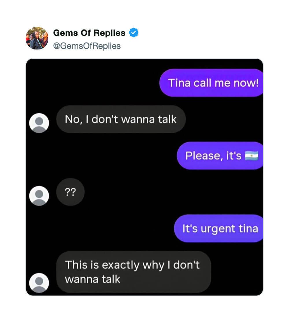 Text message conversation about Tina call, urgency, and refusal to talk.
