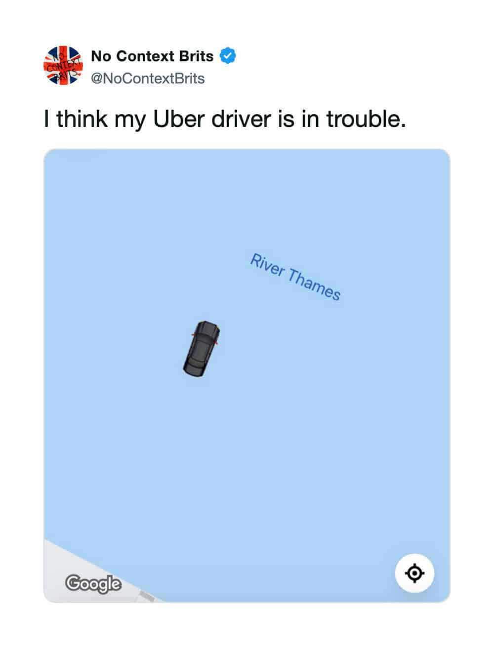 Map showing a black Uber driver in trouble on River Thames in London.